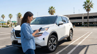 A dark gray car rental approaches a pay-by-plate toll gantry on a highway in Texas