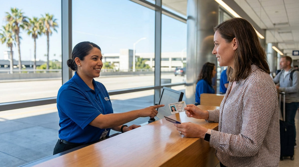 A red convertible car hire driving down a winding coastal highway in sunny California with the ocean in the background