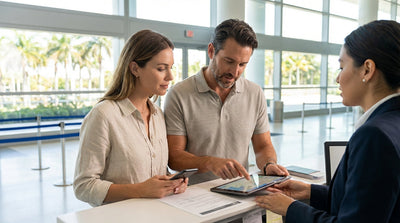 A bright convertible for a car hire drives along a sunny coastal road in Miami lined with palm trees