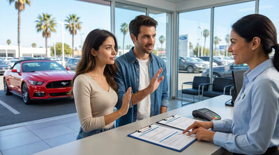 A convertible car hire driving down a street lined with palm trees under a sunny Los Angeles sky