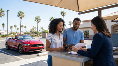 A silver car rental driving on a long, empty desert highway in eastern California