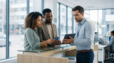 A yellow taxi drives through the busy, neon-lit streets of Times Square, a popular spot for car hire in New York City