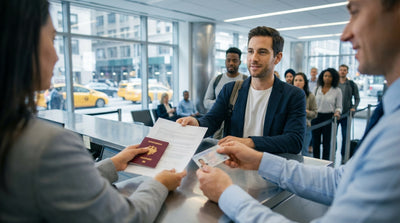 A sleek silver car rental driving over the Brooklyn Bridge with the New York skyline behind it