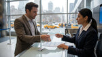 A person at a car rental counter in a New York airport terminal handing over their documents