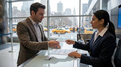 A person at a car rental counter in a New York airport terminal handing over their documents