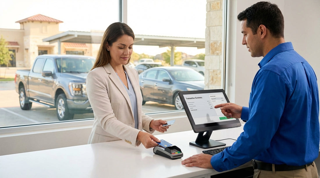 A modern car hire driving down a scenic highway through the vast, open landscape of Texas