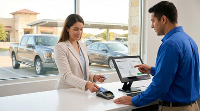 A modern car hire driving down a scenic highway through the vast, open landscape of Texas