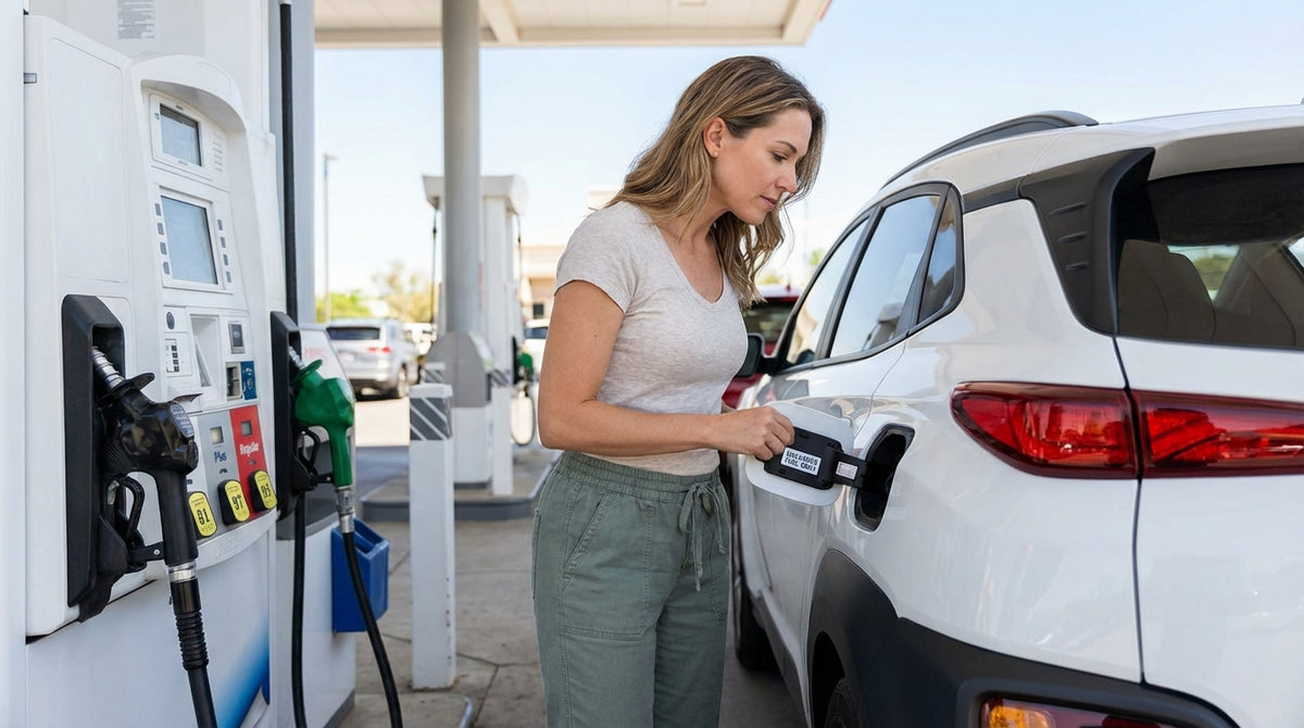 A person at a gas station in Texas checks the fuel cap of a modern, white car rental