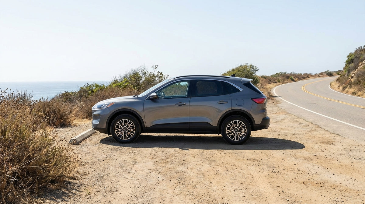 A car hire parked on the Pacific Coast Highway in Los Angeles with Malibu's coastline in the background