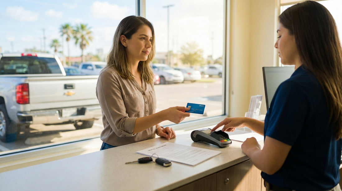 A white car hire vehicle driving on an open road under a big blue sky in rural Texas