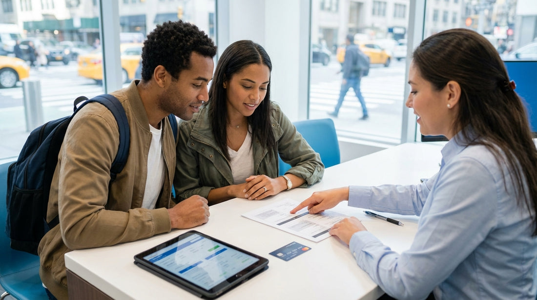 A modern car rental on a busy New York City street with yellow cabs and skyscrapers in the background