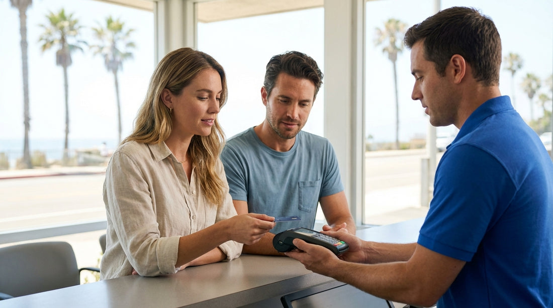 A person at a car rental desk in California looking concerned while holding a credit card for the deposit