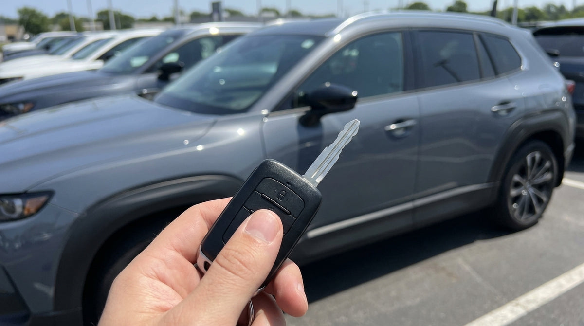 A hand holds a modern car rental fob with the hidden metal key exposed against a blurred Los Angeles streetscape