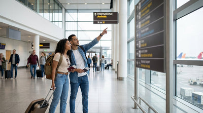 A traveler with luggage walks through a New York airport terminal toward the car rental counters