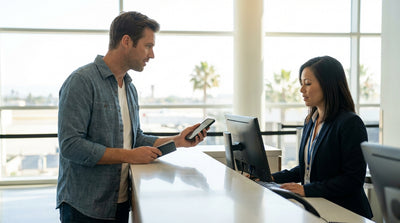 A convertible car rental drives down a sunny freeway lined with palm trees in Los Angeles