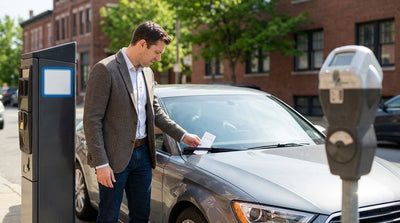 A silver car rental parked next to a digital parking meter on a city street in Philadelphia, Pennsylvania