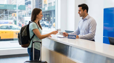 Driving a car hire across the Brooklyn Bridge towards the Manhattan skyline in New York