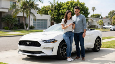 A person uses a phone app for their car rental in front of a modern vehicle on a sunny street in Los Angeles
