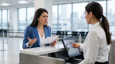 A person reviews their contract at a car hire counter in a busy New York airport