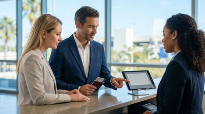 A person happily drives their car rental convertible down a sunny, palm-lined street in Los Angeles
