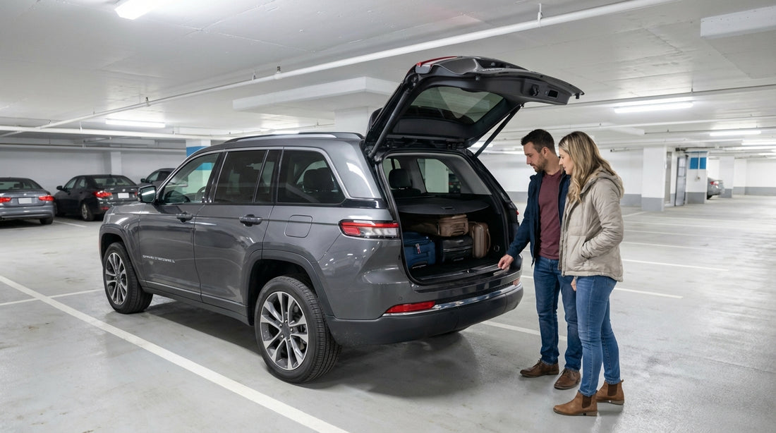 A modern car hire parked on a historic cobblestone street with brick row houses in Philadelphia, Pennsylvania