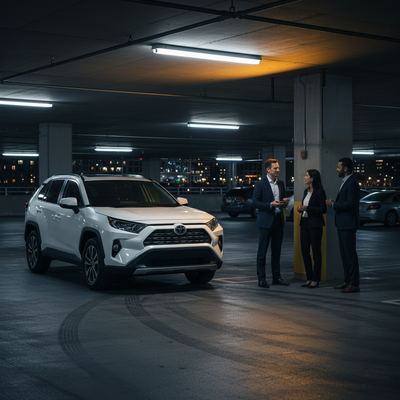 Downtown Chicago hotel parking for rental car. Modern SUV in parking garage with people discussing car hire rates at night.