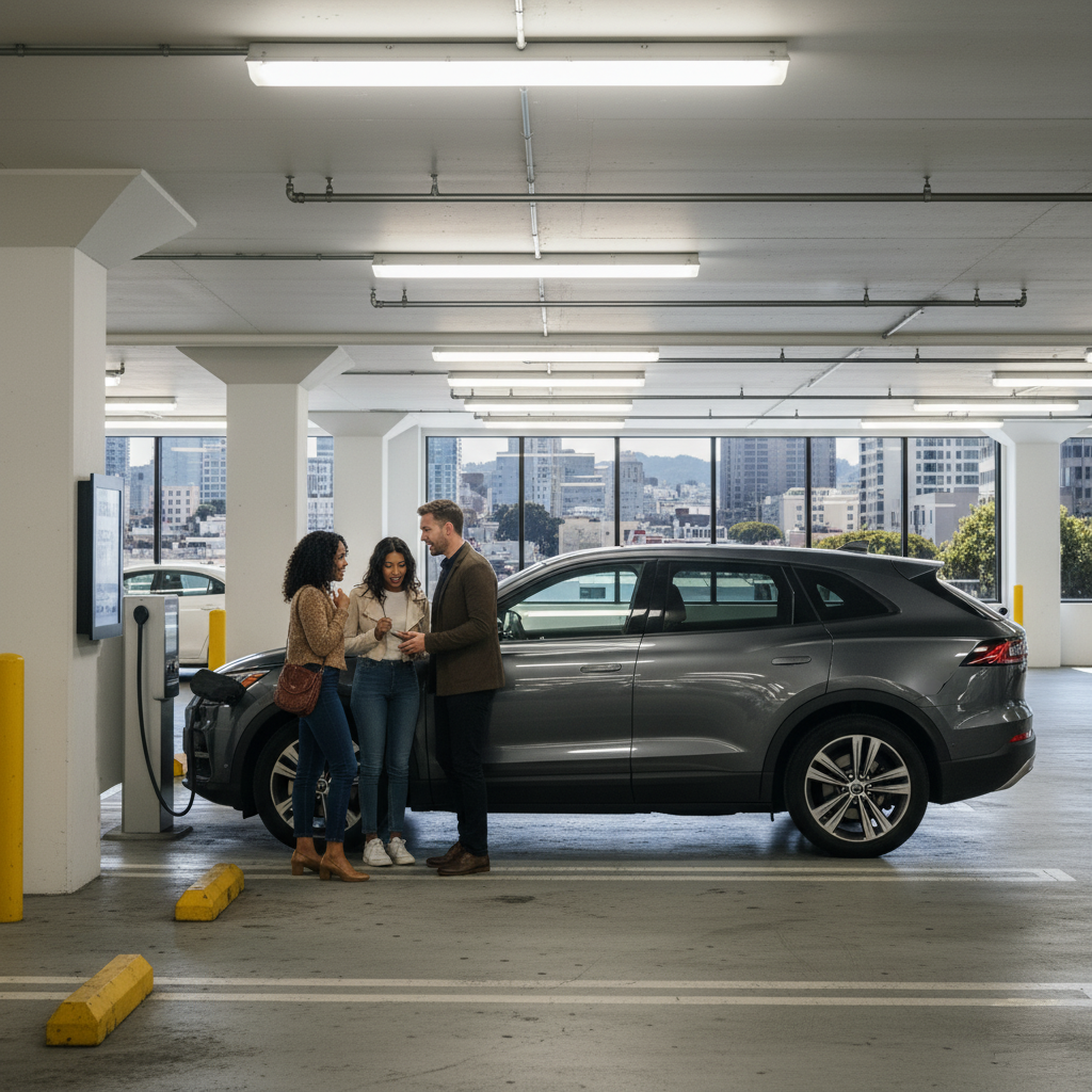 A diverse group of friends standing in a hotel parking garage with luggage next to their rental car, debating downtown San Francisco parking fees.
