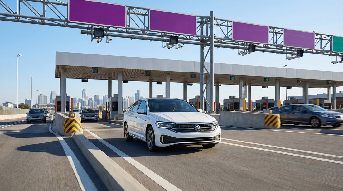 White Volkswagen car rental driving through an electronic toll booth on a sunny highway.