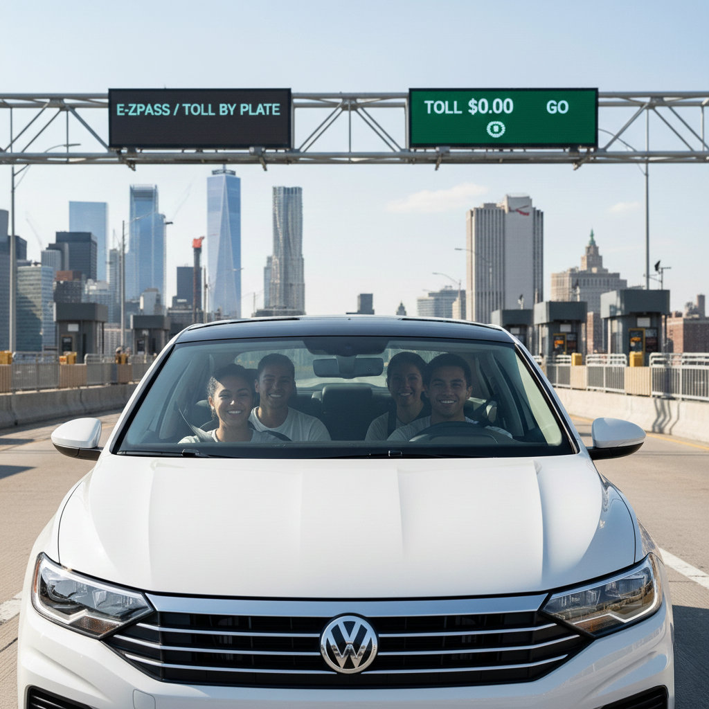 A group of friends in a white rental car passing through an E-ZPass toll booth with the NYC skyline in the background.