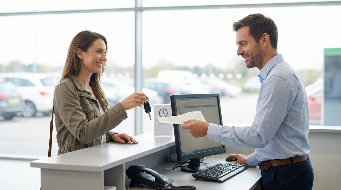 A satisfied customer receiving a receipt from an agent after returning a car rental early at the location.