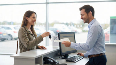 A satisfied customer receiving a receipt from an agent after returning a car rental early at the location.