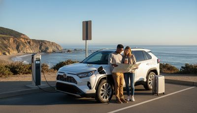 A white EV charging at a station with a diverse couple looking at a map, suggesting a car rental for a Highway 1 California road trip.