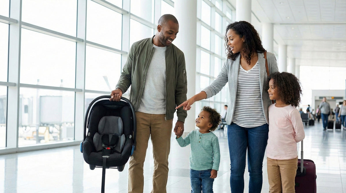 Family with luggage walking through the airport terminal excited to pick up their car rental for vacation.