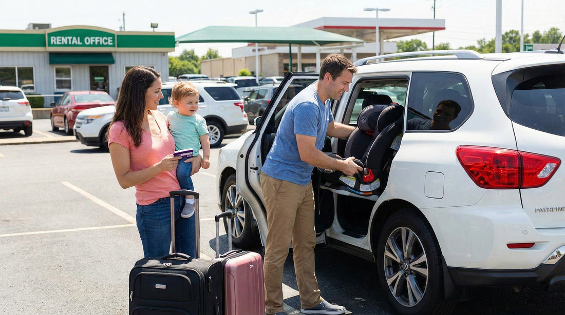 Parents installing a child seat in a white rental SUV outdoors, preparing for a family road trip with a toddler.