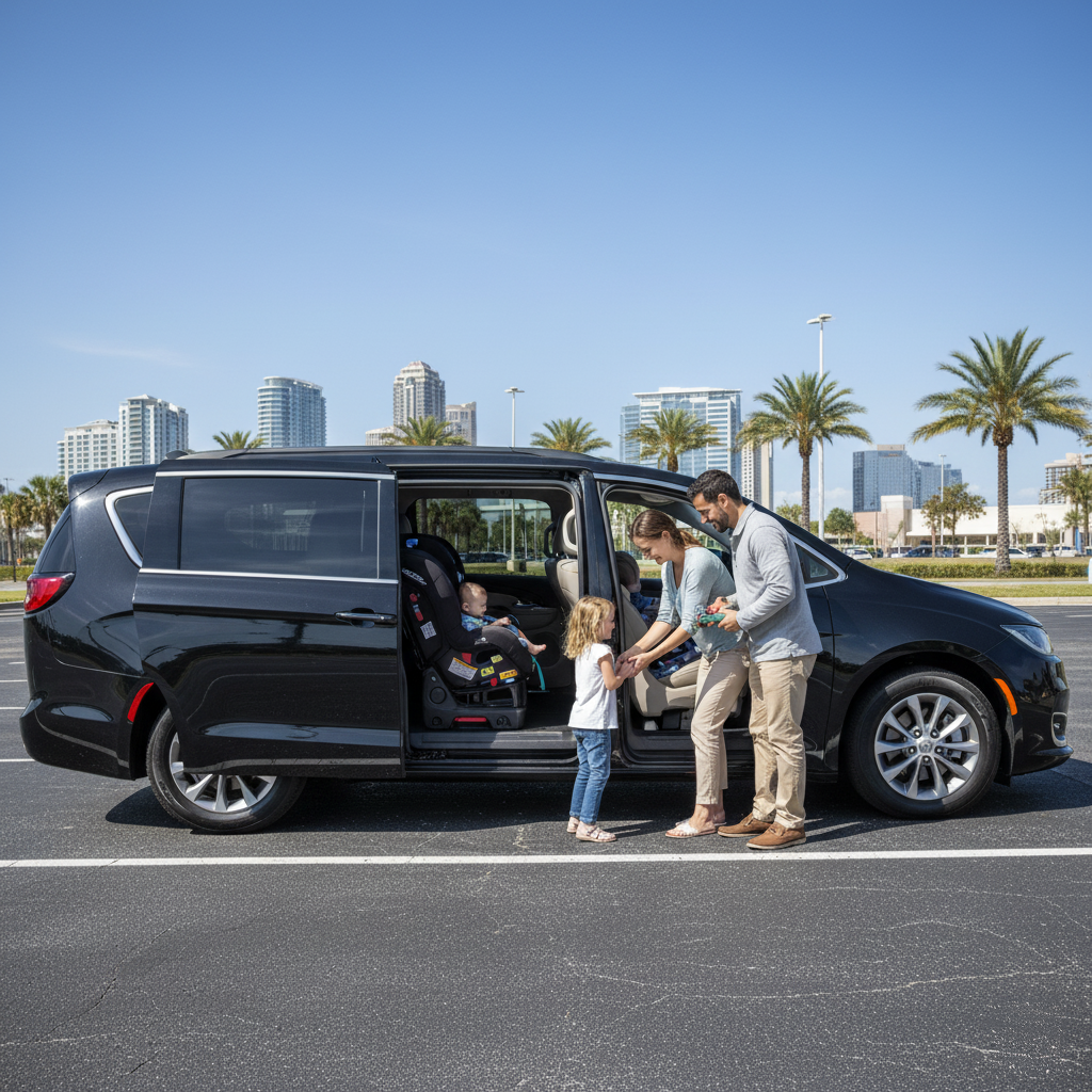 Diverse family with a baby in a car seat and a child loading into a black minivan car rental on a sunny day.