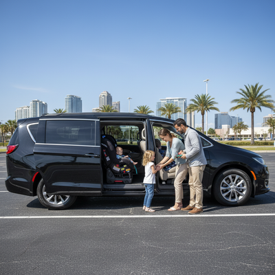 Diverse family with a baby in a car seat and a child loading into a black minivan car rental on a sunny day.