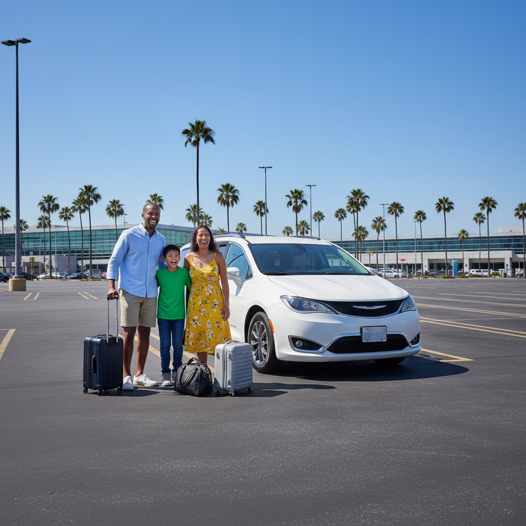 A happy diverse family with luggage stands by a white minivan car rental at an outdoor Los Angeles airport parking lot.