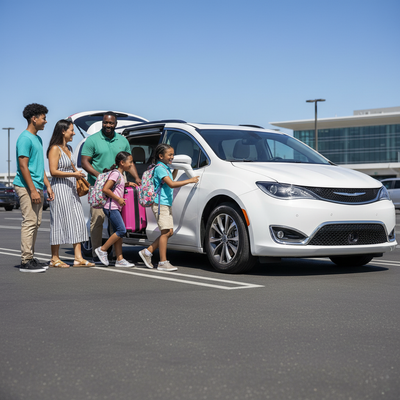A family joyfully loading luggage into a spacious white minivan at an airport car rental lot in San Francisco.