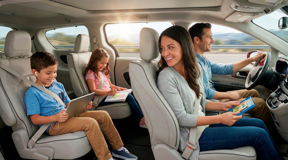 Happy kids playing with tablets in the back seat of a spacious minivan car hire during a family road trip.