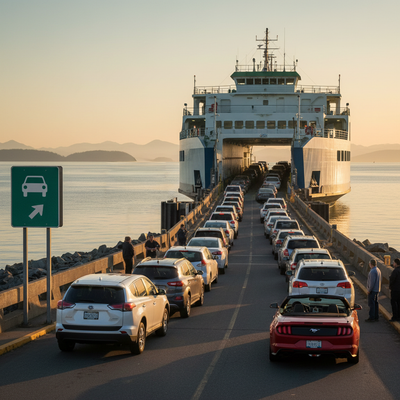 Cars queueing at a busy ferry terminal. Check car rental agreement first. Arrive 60-90 minutes early for ferry.