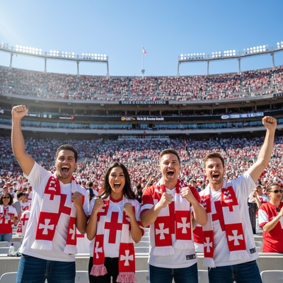 Grupo de aficionados al fútbol emocionados con bufandas rojas y blancas, animando y celebrando con los brazos en alto en un estadio soleado y repleto durante la Copa Mundial de la FIFA 2026.