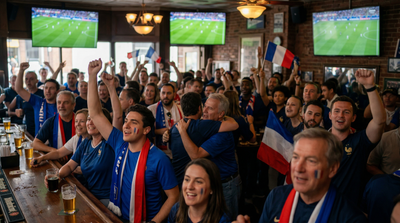 Aficionados franceses al fútbol celebran en un bar deportivo lleno, ondeando banderas de Francia y viendo un partido en vivo en pantallas gigantes, captando la emoción de la cobertura del Mundial FIFA 2026.