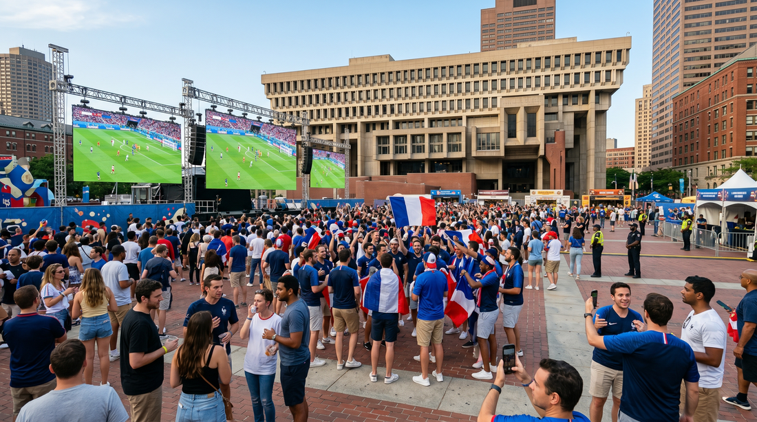 France fans celebrating at an outdoor fan zone watch party with giant screens during the FIFA World Cup 2026 in a city plaza.