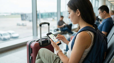Traveler using a smartphone at the airport to find cheap last-minute car rental deals for an urgent trip.