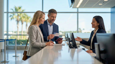 A convertible car hire driving on a sunny coastal road lined with palm trees in Florida