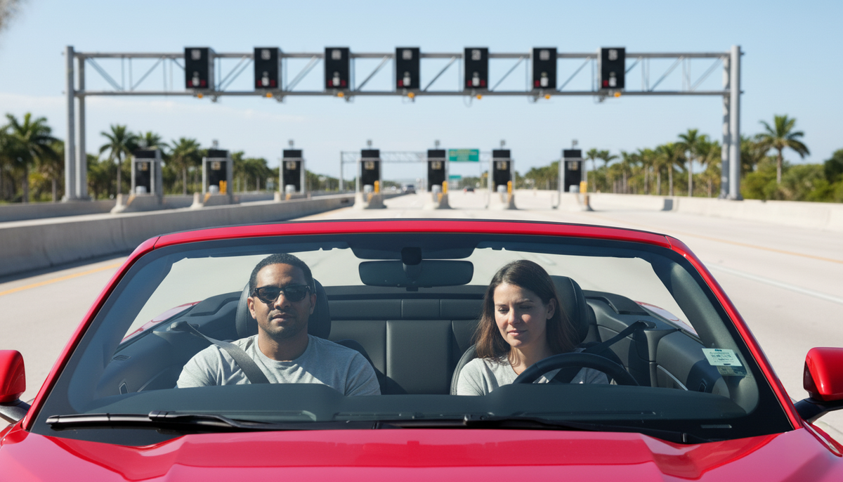A red rental car approaching a cashless toll road in Florida, with a couple in the front seats.