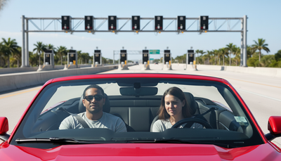 A red rental car approaching a cashless toll road in Florida, with a couple in the front seats.