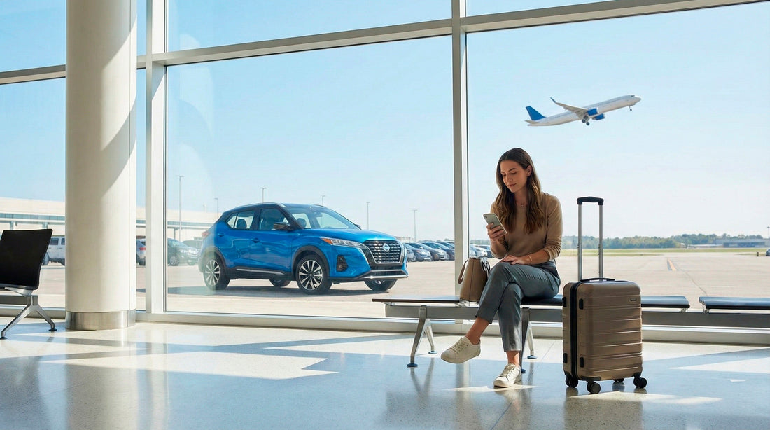 Woman waiting at the airport deciding between flying or a car hire road trip with a blue SUV outside.