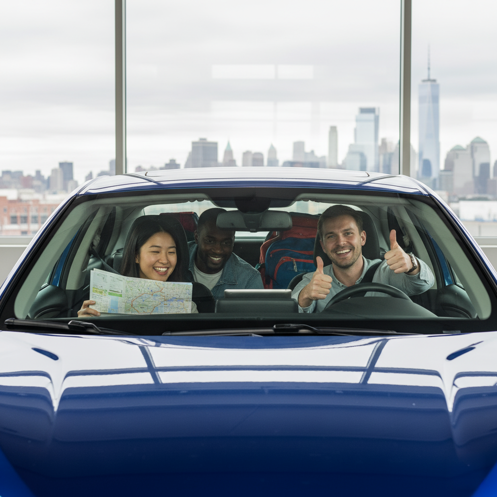 Friends in a blue car rental, happy and holding a map, with the New York City skyline in the background.