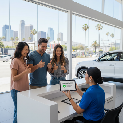 Happy travelers at a Los Angeles car rental counter giving thumbs up after booking a car hire with free cancellation option.